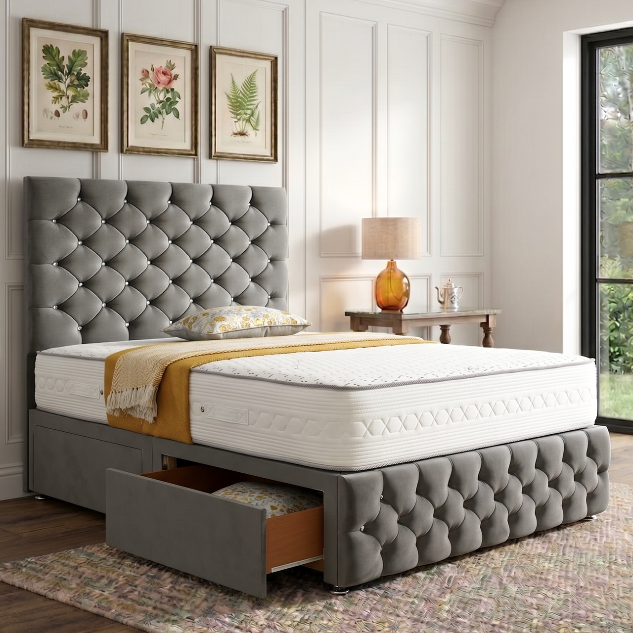Maple Divan Bed Set With Tall Button Headboard and Footboard